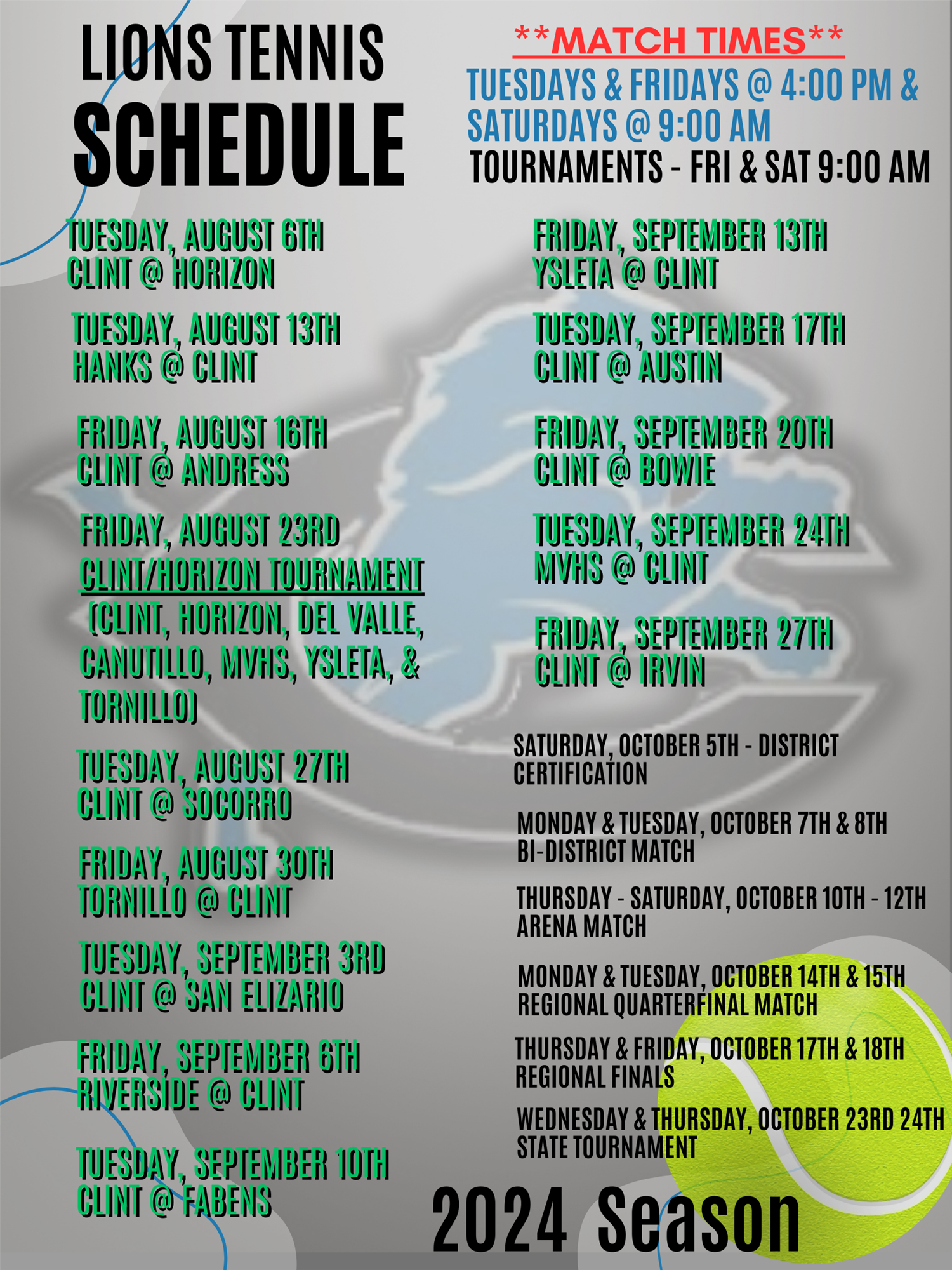 2024 Fall Tennis Schedule